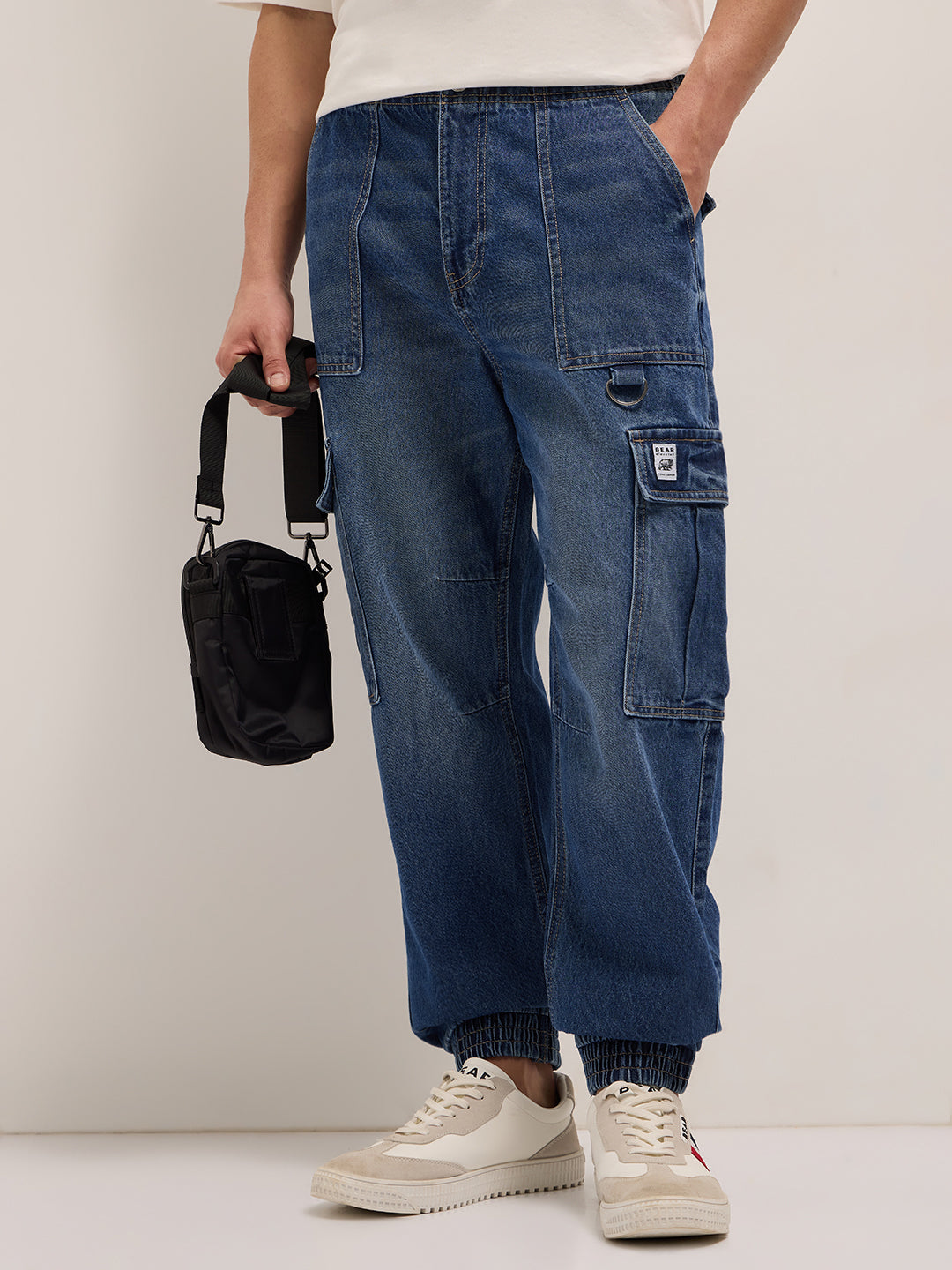 Shop Mid Blue Baggy Fit Jogger Style Jean With Cargo Pockets Online 