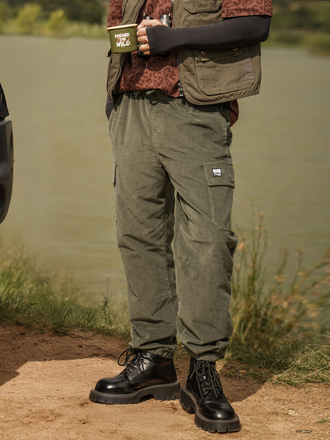 Shop Green Solid Baggy Fit Stylish Corduroy Cargo Pant Online