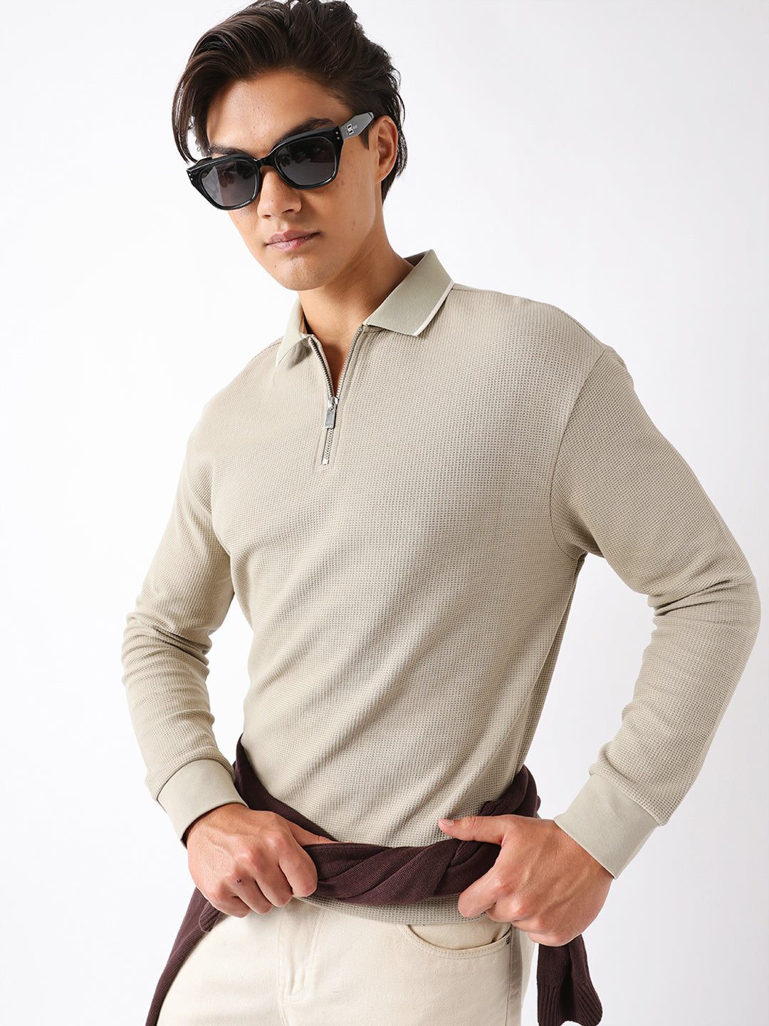 Shop Light Green Relaxed-Fit Waffle Knit Polo with Half-Zip