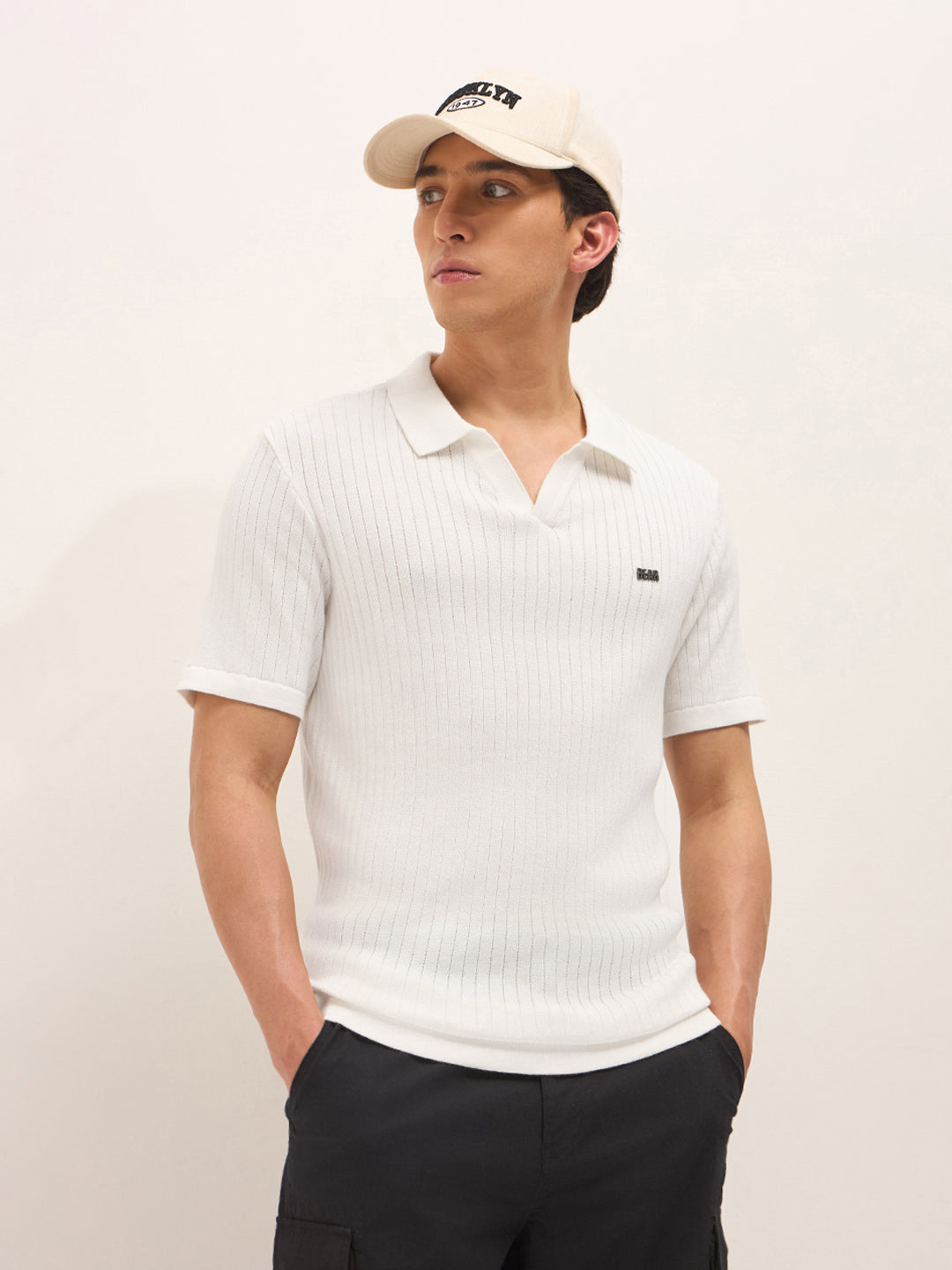 White Drop-Needle Vertical Stripe Knit Regular Fit Polo with Open