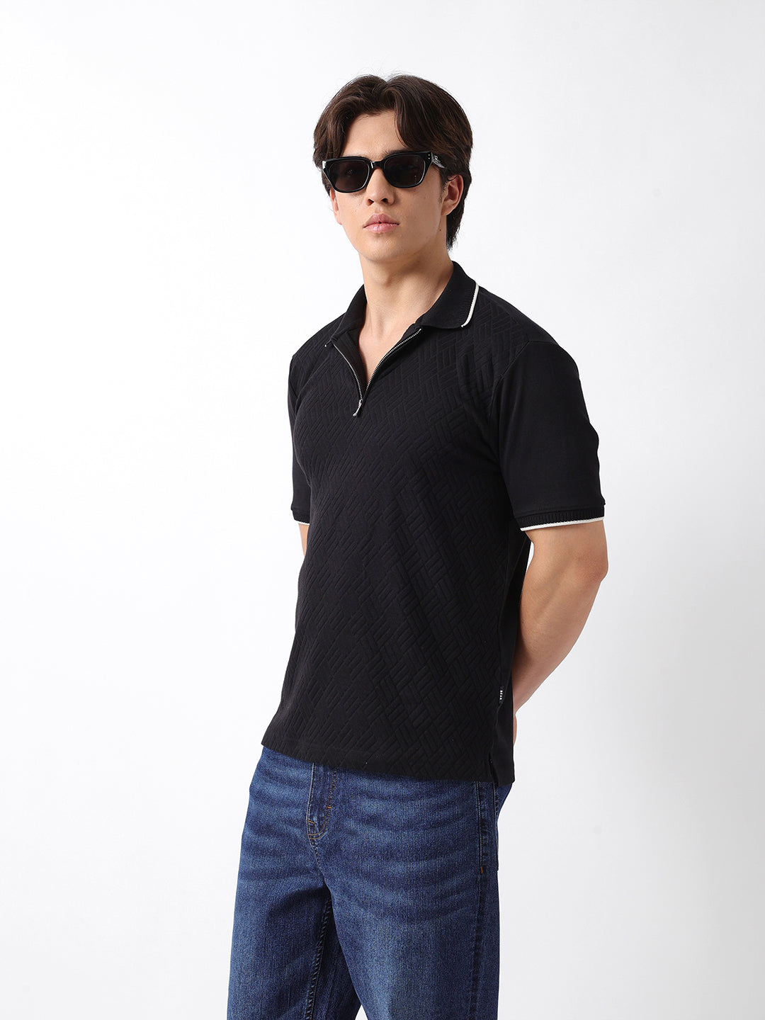 MARK&LONA★Zip Polo★ブラック38 Shop Black Regular Fit Textured Knit Polo with Half-Zip Placket