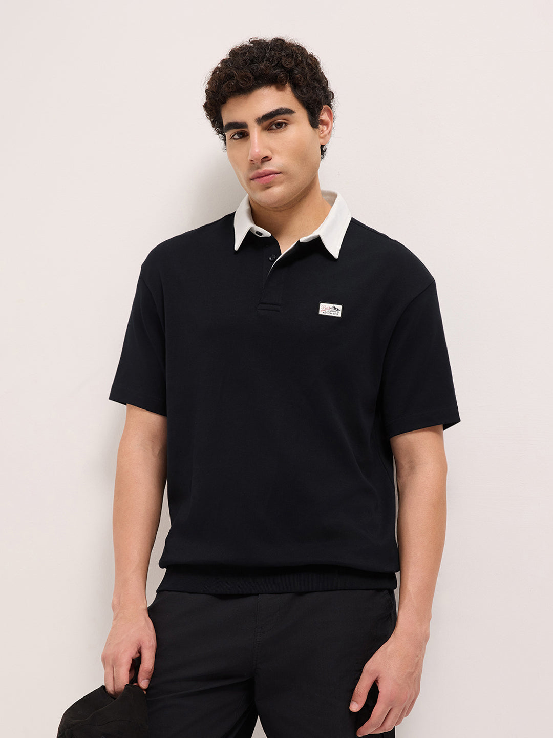 Shop Black Solid Relaxed Fit Polo with Contrast White Collar and
