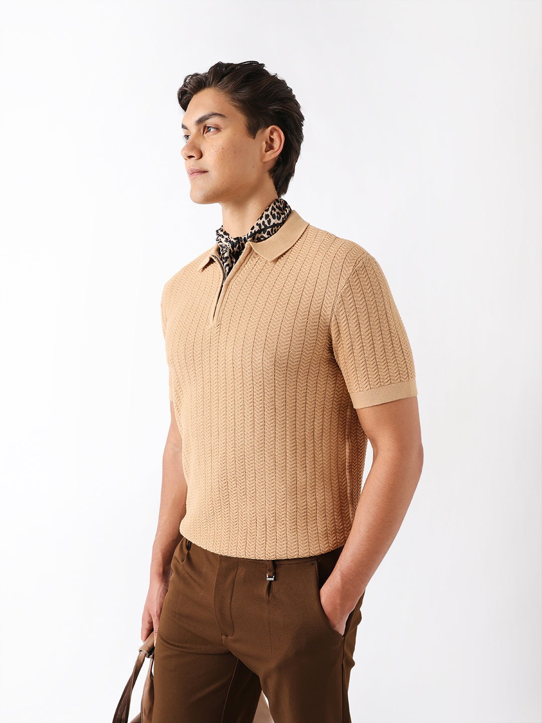 Shop Light Brown Regular Fit Textured Knit Polo with Half-Zip