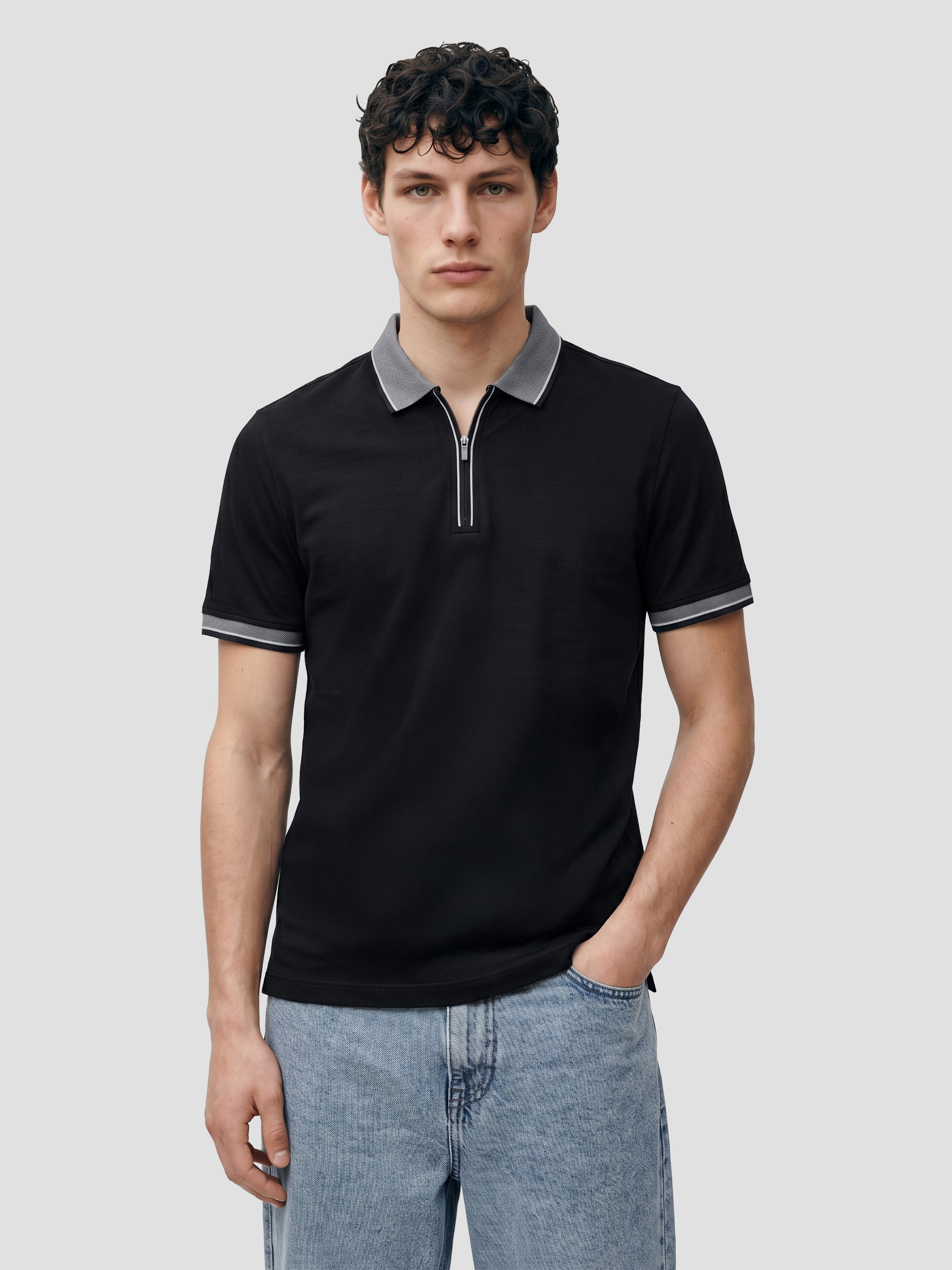 Shop Black Regular Fit Solid Polo with Half Zip & Contrast Tipping
