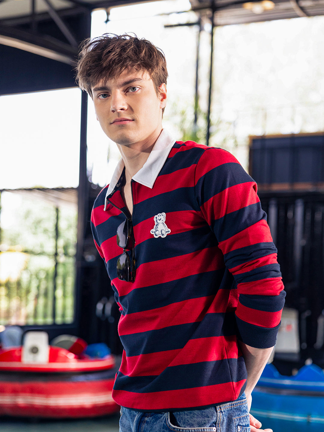 Shop Blue & Red Horizontal Stripe Regular Fit Full-Sleeve Polo