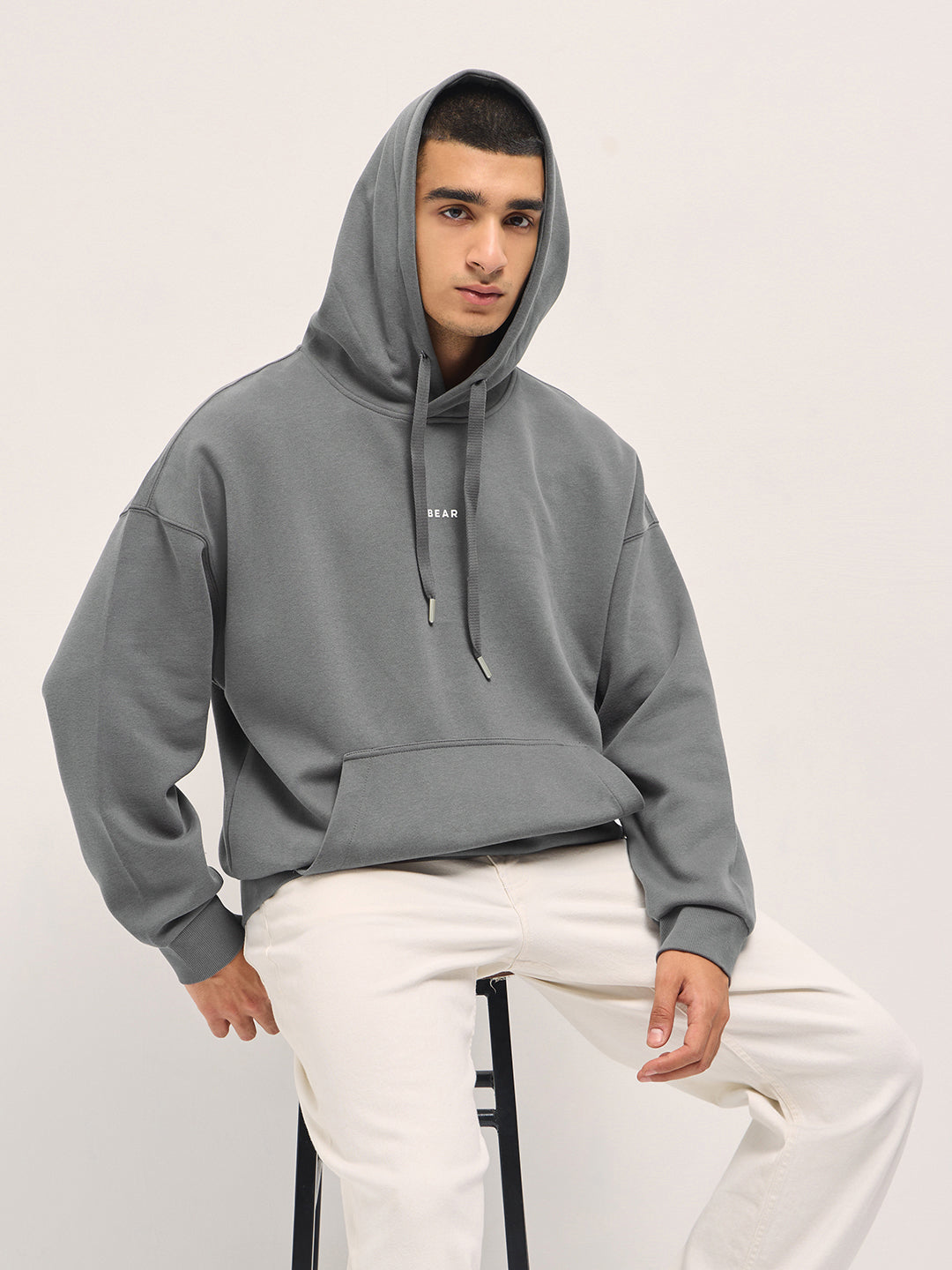 Shop Grey Solid Relax Fit Hoodie with Kangaroo Pocket Online