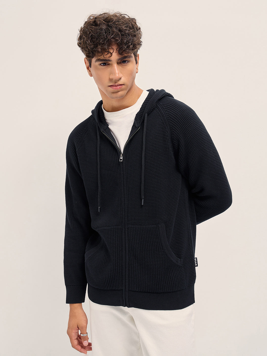 Shop Black Knitted Relax Fit Hoodie with Zipper Closure Online