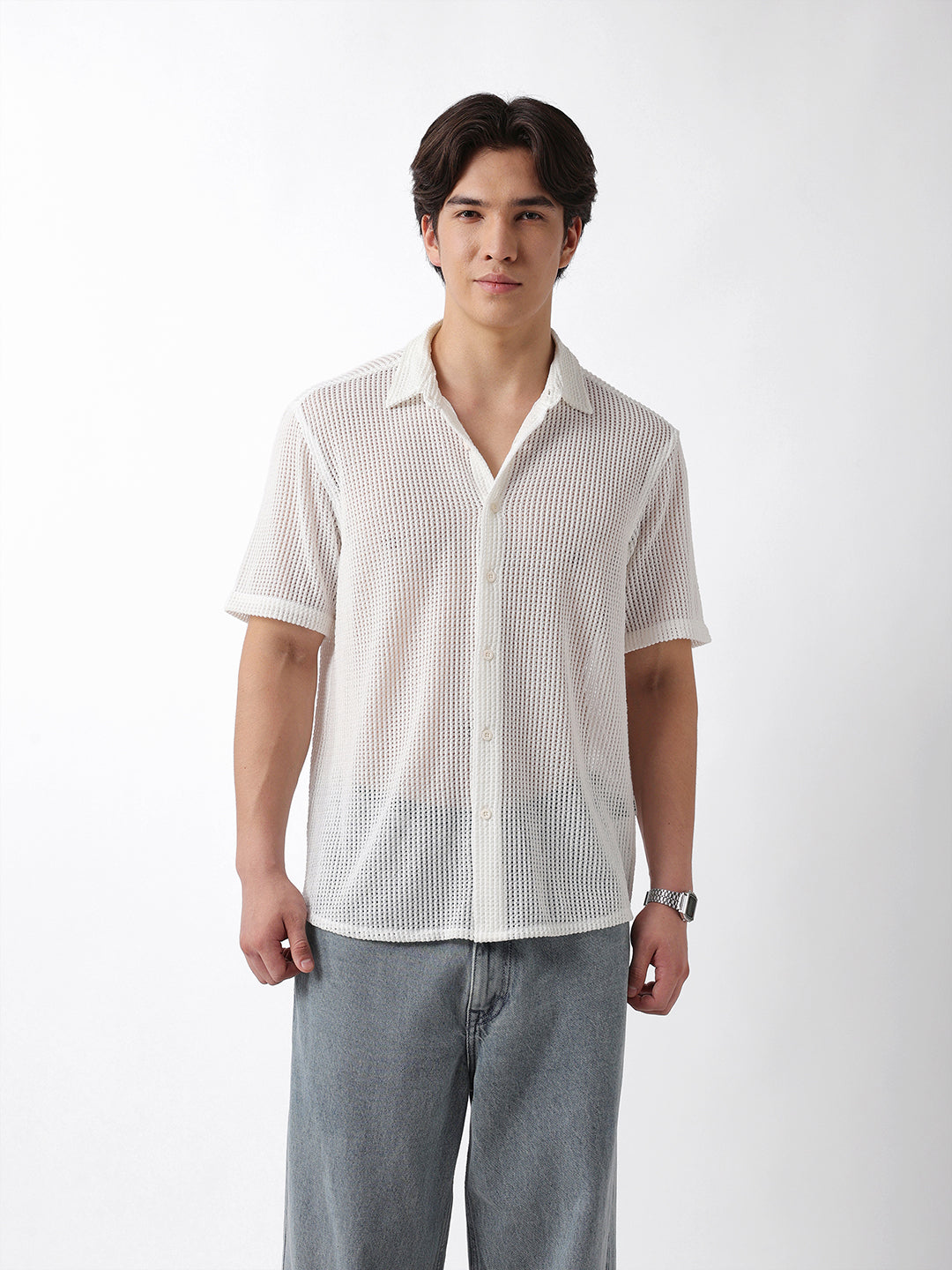 Shop White Regular Fit Half-Sleeve Shirt with Mesh Texture Online