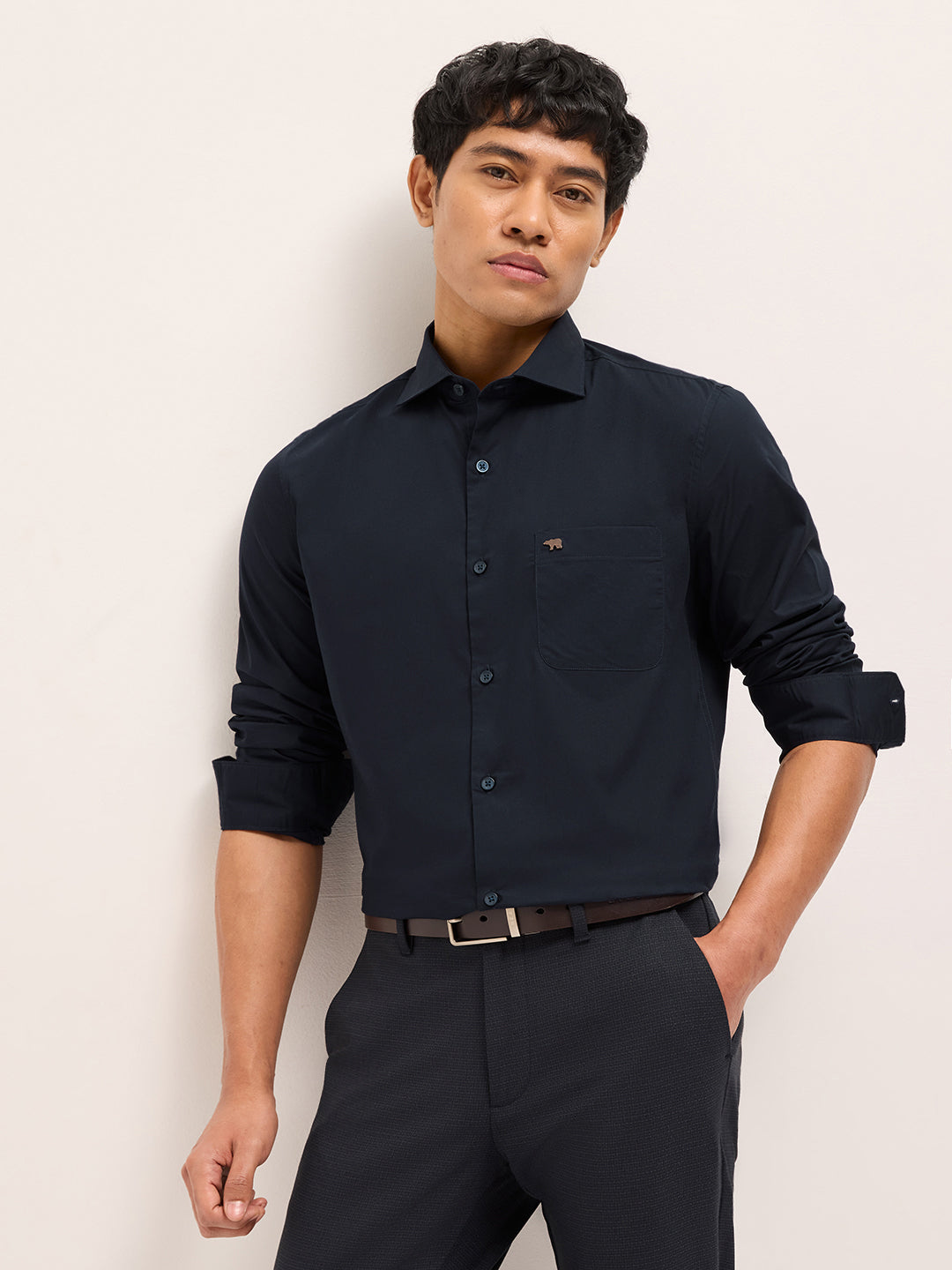 Shop Dark Blue Solid Tailored Fit Formal Shirt Online