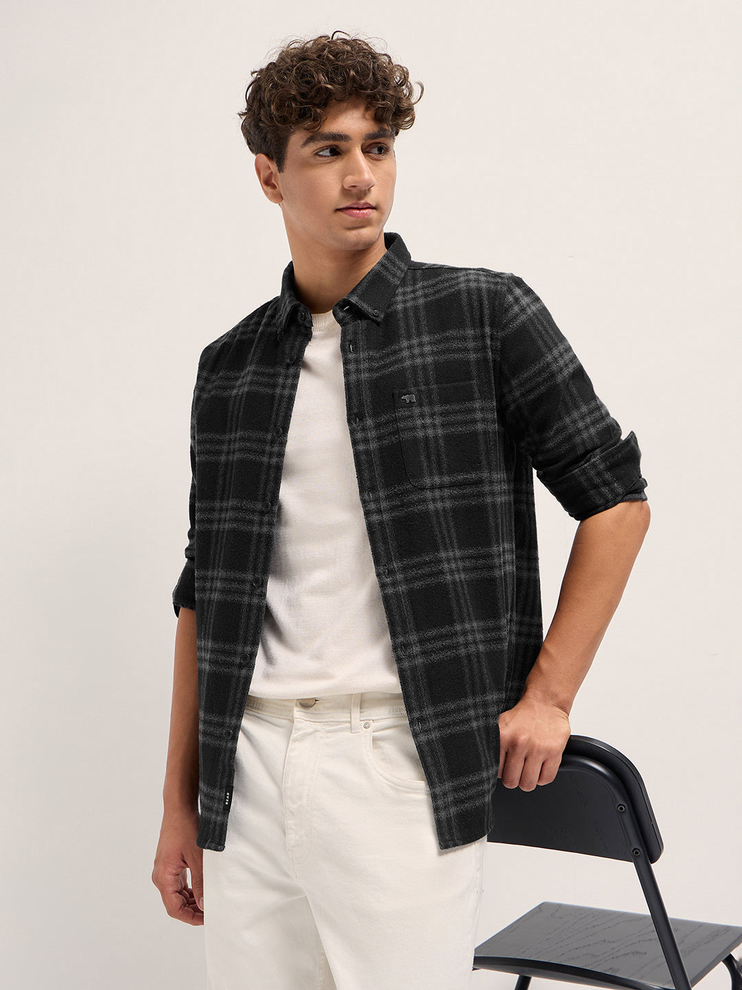 Shop Black and Grey Flannel Checked Slim Fit Casual Shirt Online ...