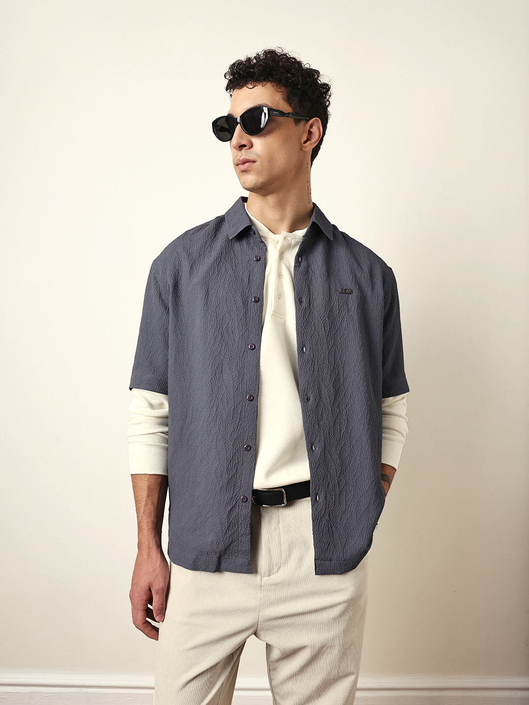 Shop Grey All-Over Textured Leaf Motif Oversized Shirt with Half