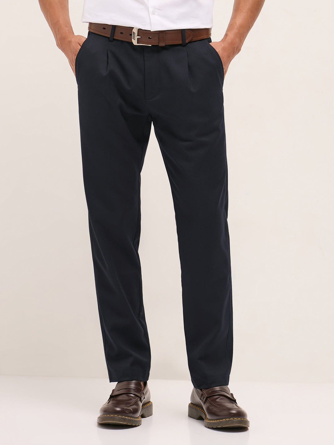 Shop Navy Blue Solid Regular Fit Formal Trousers Online