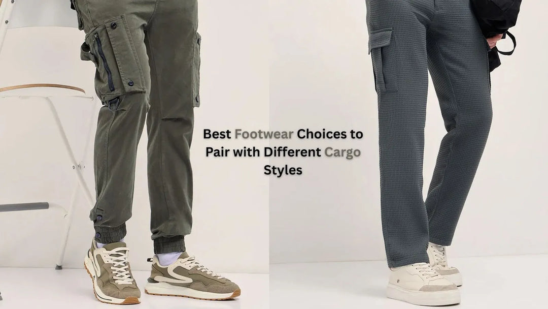Assortment of shoes paired with different styles of cargo pants