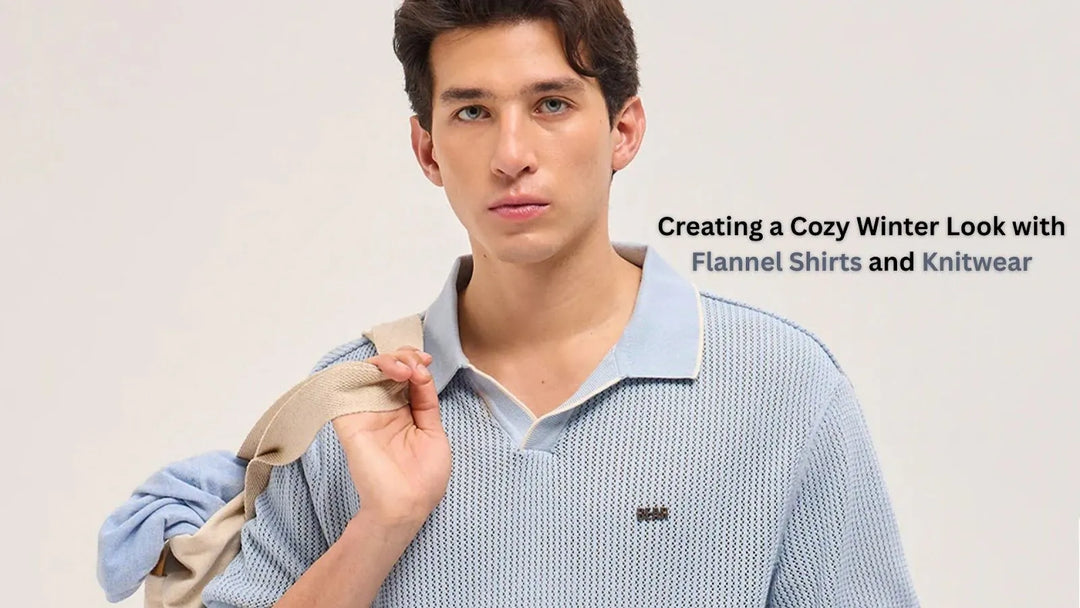 Cozy winter outfit featuring a flannel shirt layered with knitwear