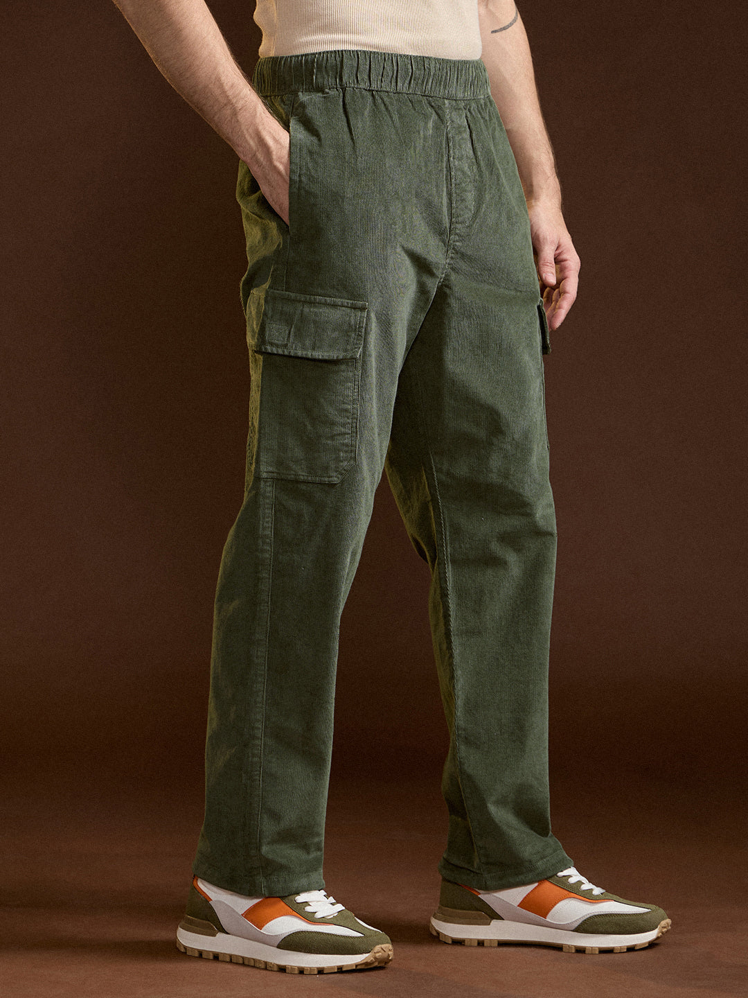 Shop Green Solid Baggy Fit Stylish Corduroy Cargo Pant Online