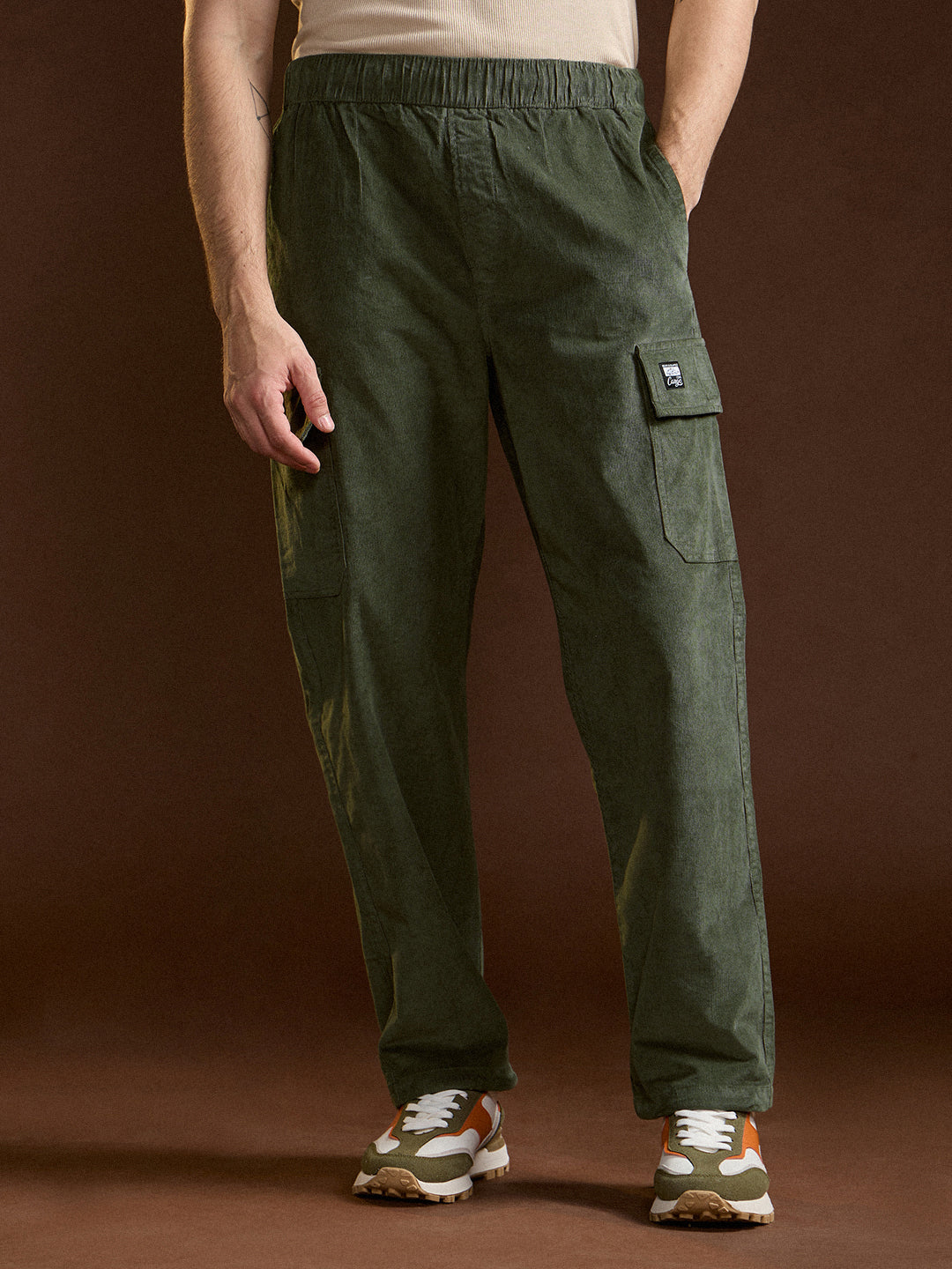 Shop Green Solid Baggy Fit Stylish Corduroy Cargo Pant Online