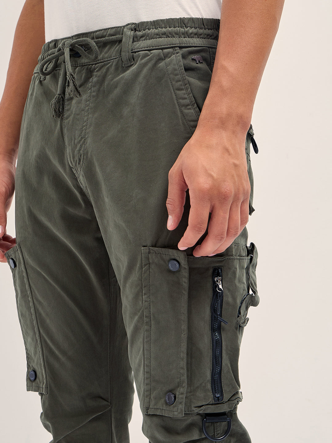 Shop Green Cotton Relaxed Fit Cargo Pants with Elastic Waist and