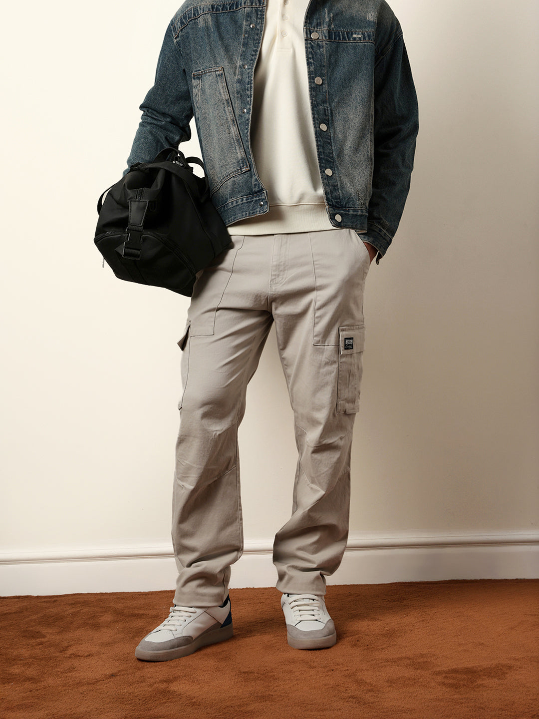 The Bear House LIGHT GREY SOLID RELAXED FIT CARGO TROUSERS WITH UTILITY POCKETS India