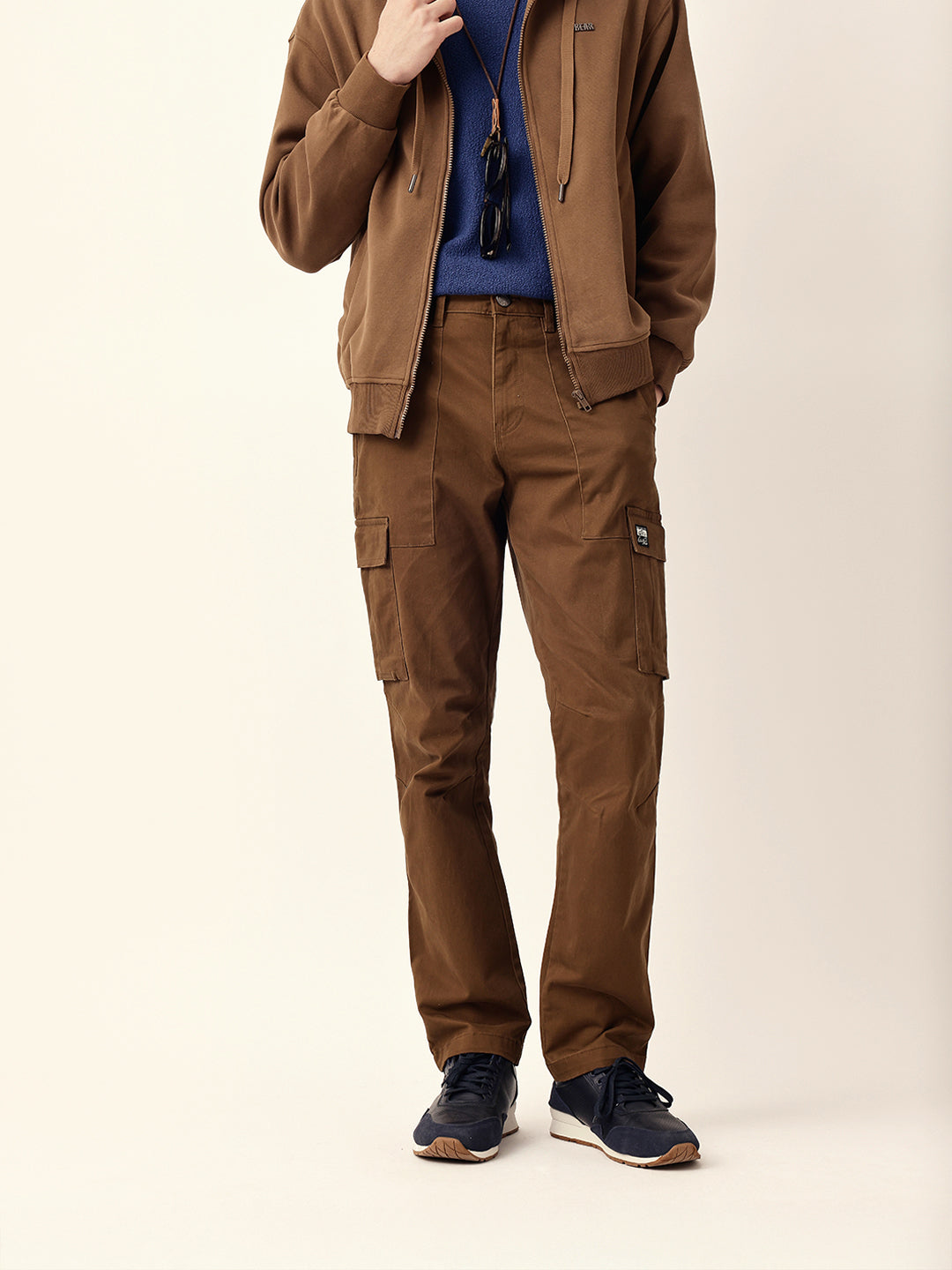 The Bear House BROWN SOLID RELAXED FIT CARGO TROUSERS WITH UTILITY POCKETS India