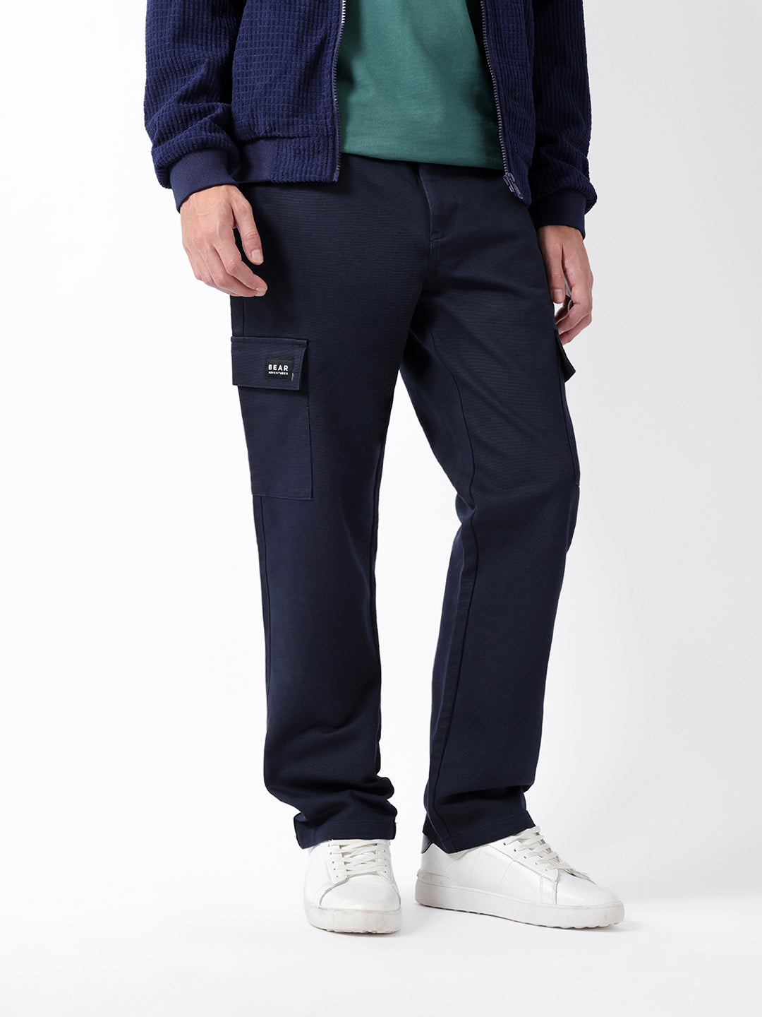 The Bear House NAVY SOLID STRAIGHT FIT CARGO TROUSERS WITH FLAP POCKETS India