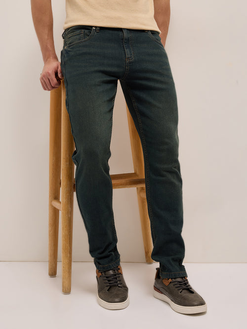 Dark Green Mid-Rise Slim Fit Jeans with Light Fade by The Bear House