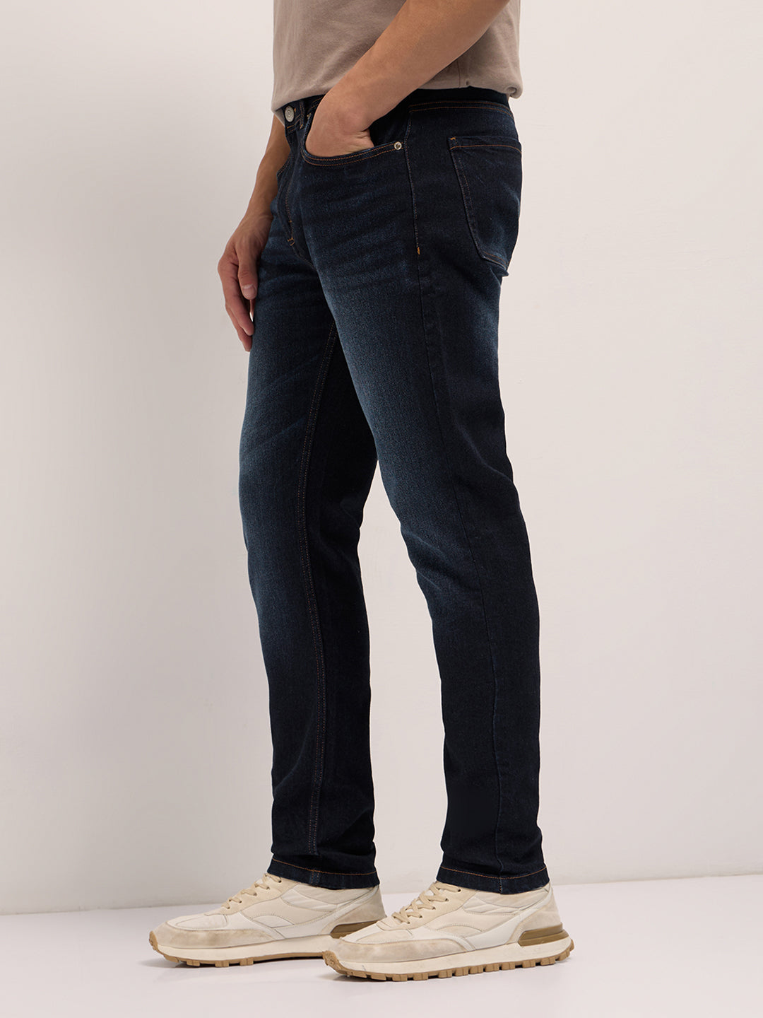 Shop Dark Blue Mid-Rise Slim Fit Jeans with Light Fade Online
