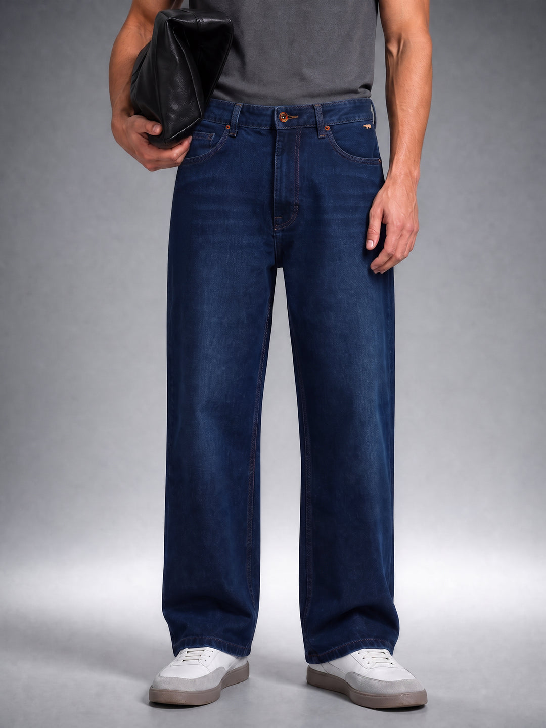 Bear Neo Dark Blue Mid-Rise Baggy Fit Jeans with Light Fade by The Bear House