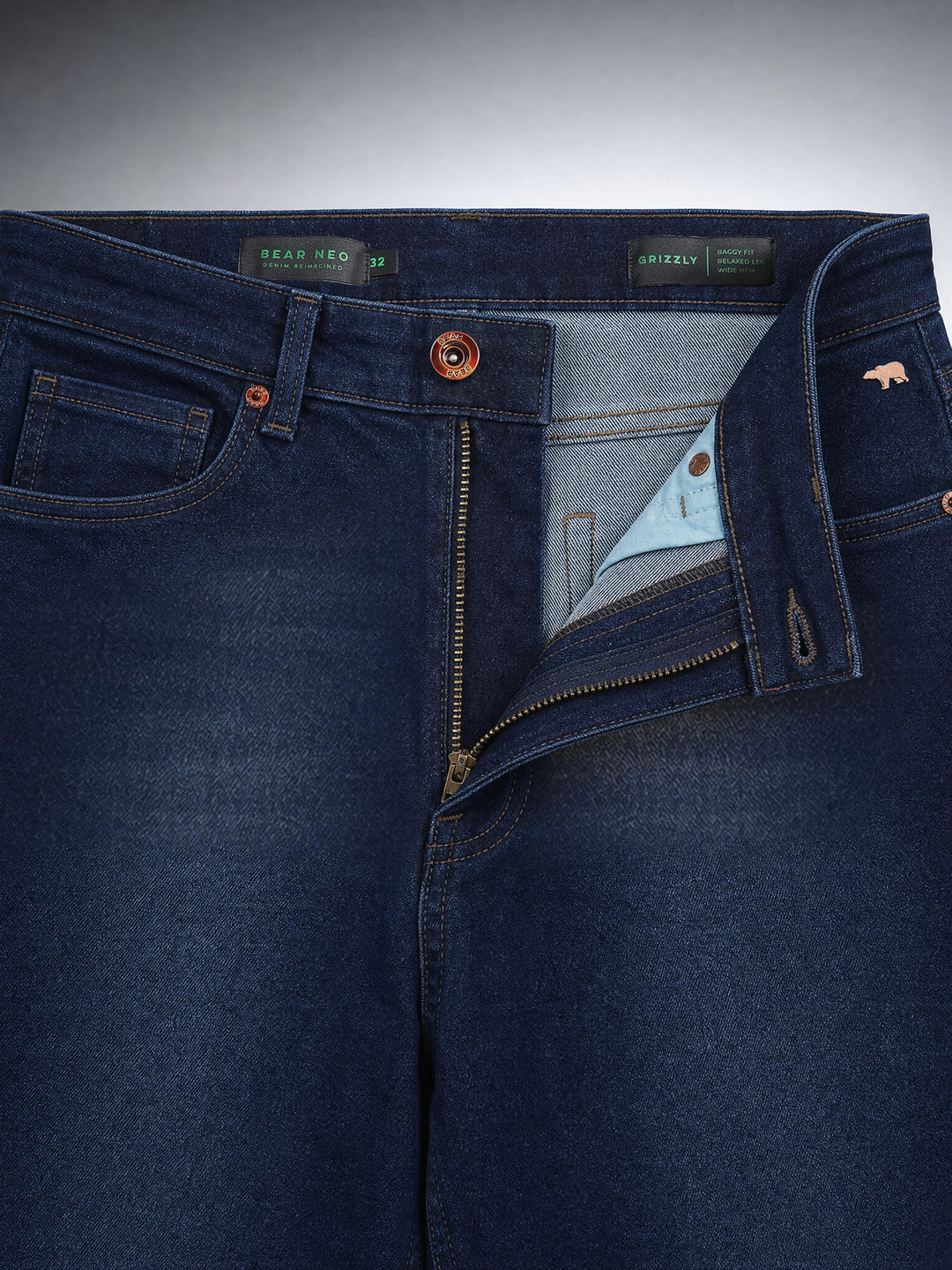 Bear Neo Dark Blue Mid-Rise Baggy Fit Jeans with Light Fade by The Bear House