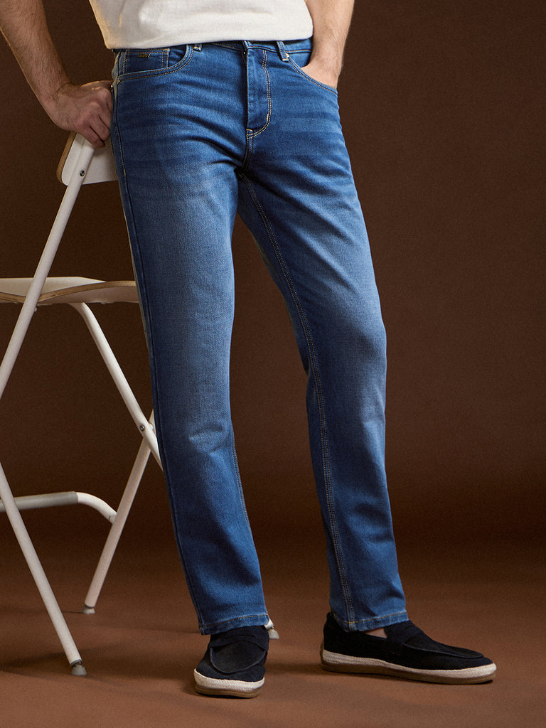 Shop Mid Blue with Light Fade Mid-Rise Slim Fit Jeans Online 
