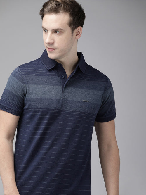 Men Blue Vertical Striped Slim Fit Cotton Polo T-shirt by The Bear House