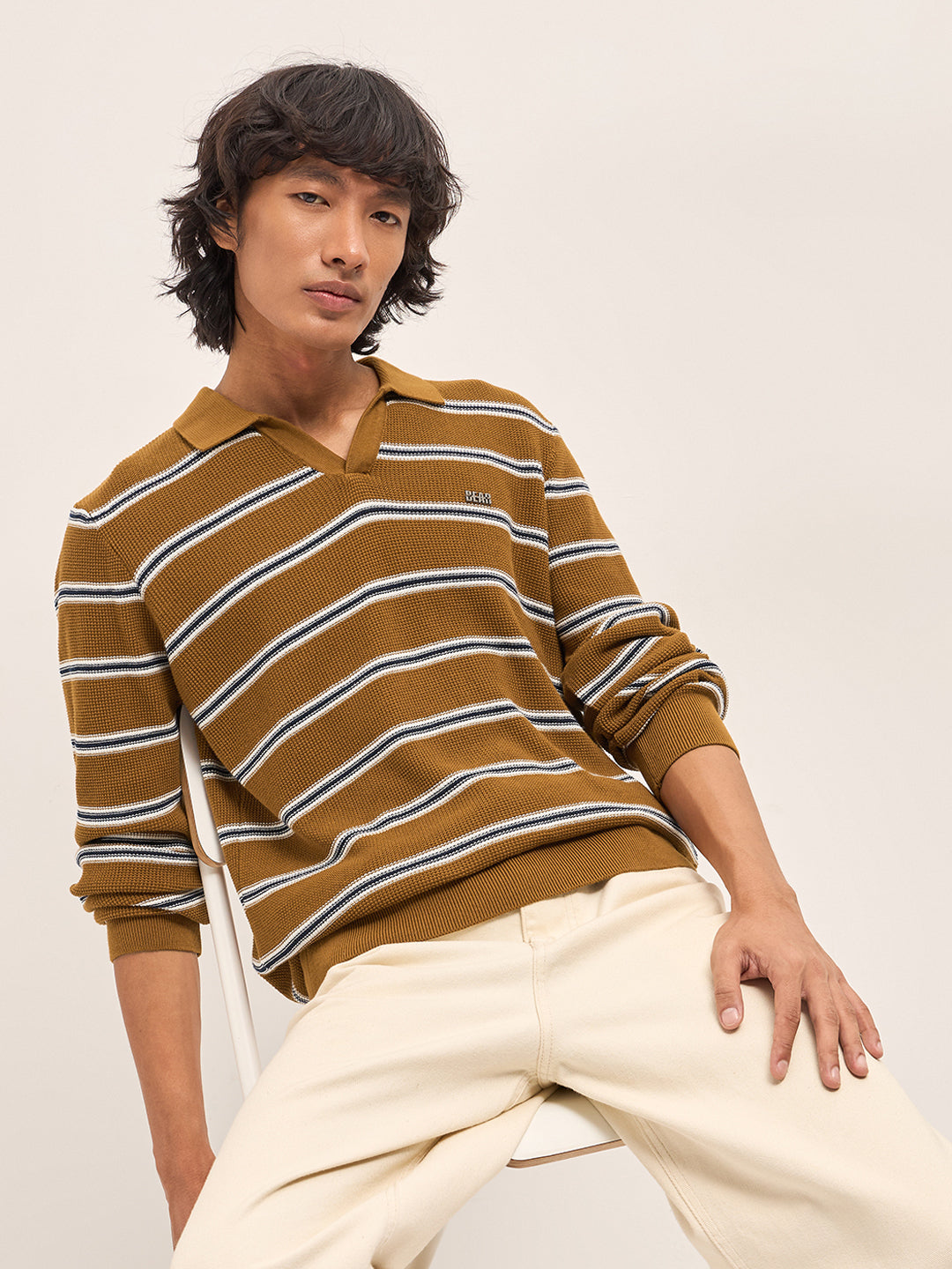 Shop Brown Slim Fit Flat Knit Polo with Ribbed Horizontal Stripes ...