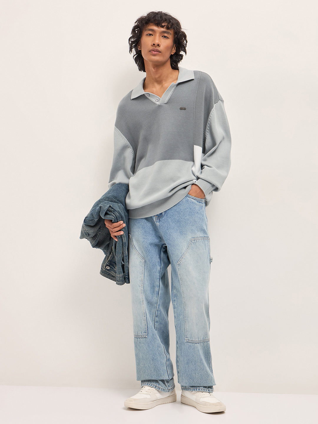 Shop Grey Oversized Fit Colourblocked Polo with Full-Length Drop