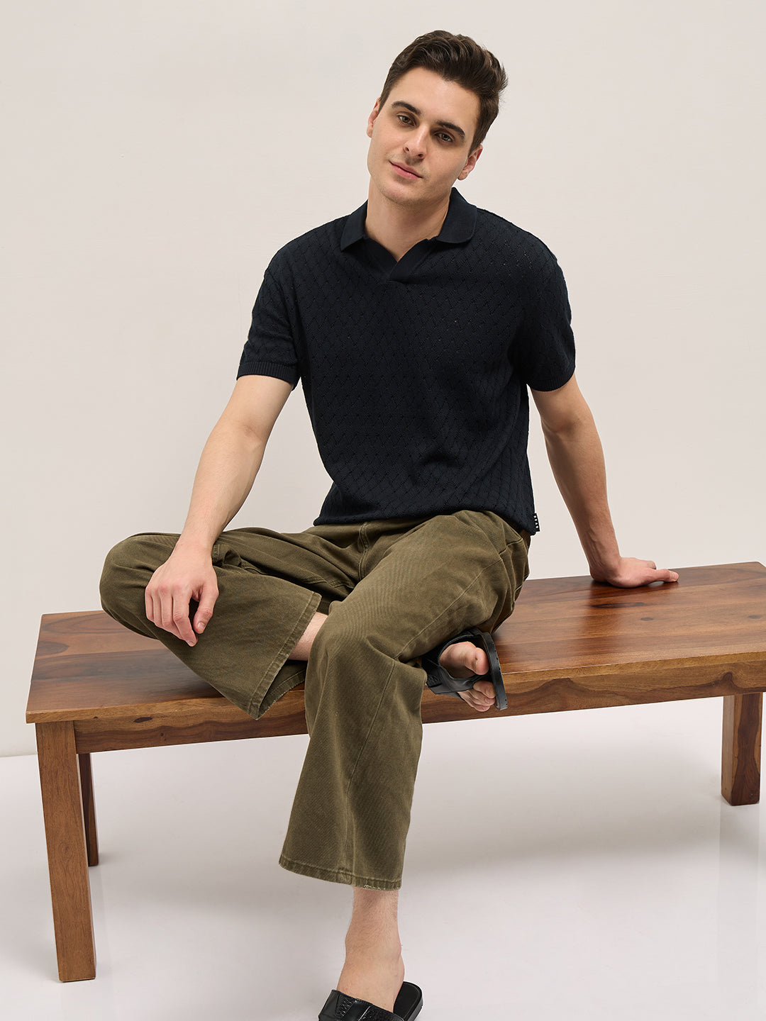 Bedom Shop Black Relaxed Fit Textured Knit Polo with Subtle Transparent ...