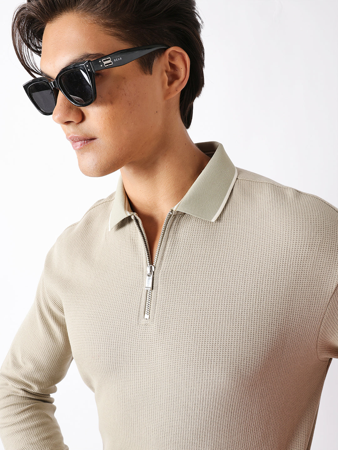 Shop Light Green Relaxed-Fit Waffle Knit Polo with Half-Zip