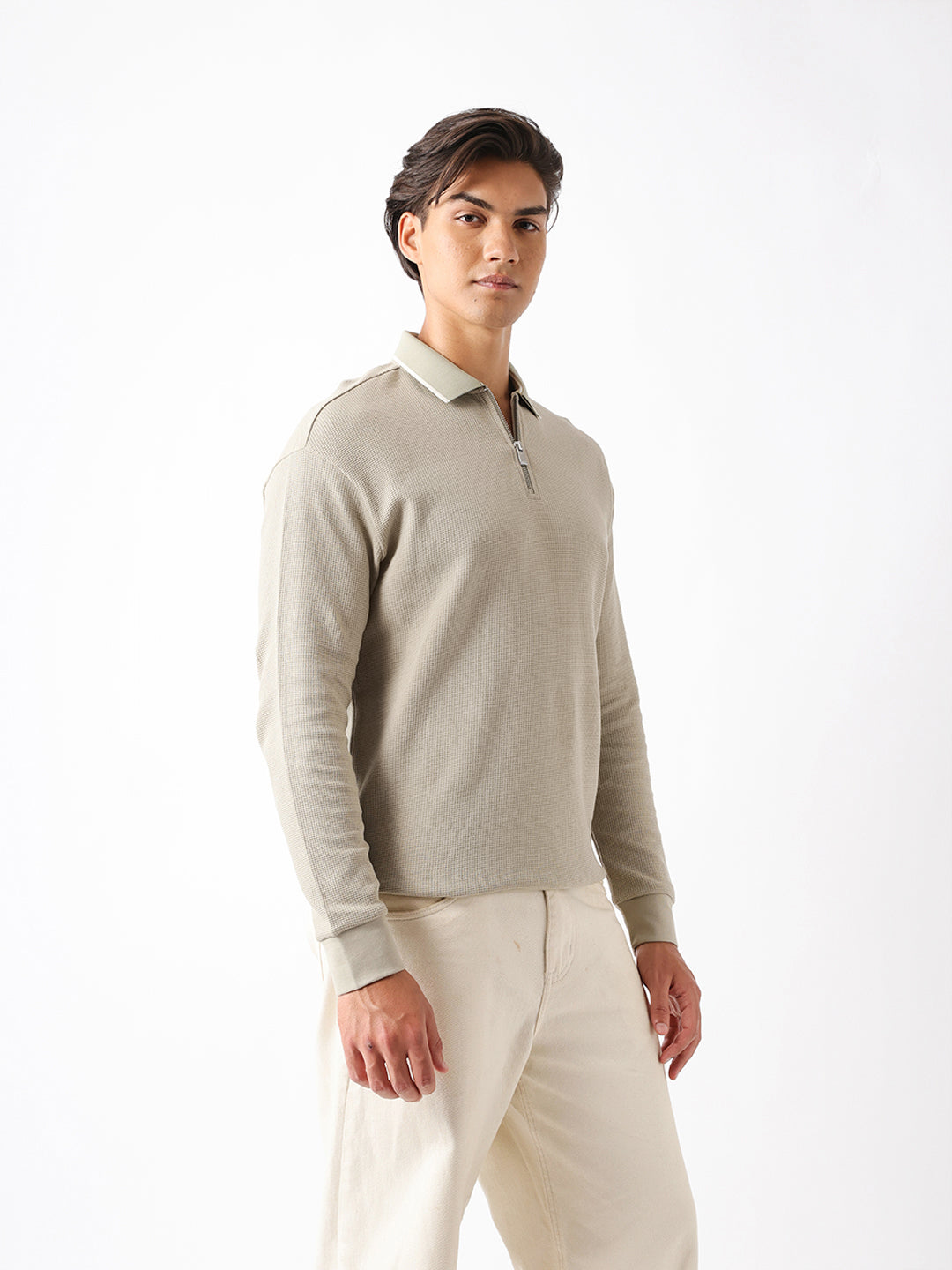 Shop Light Green Relaxed-Fit Waffle Knit Polo with Half-Zip