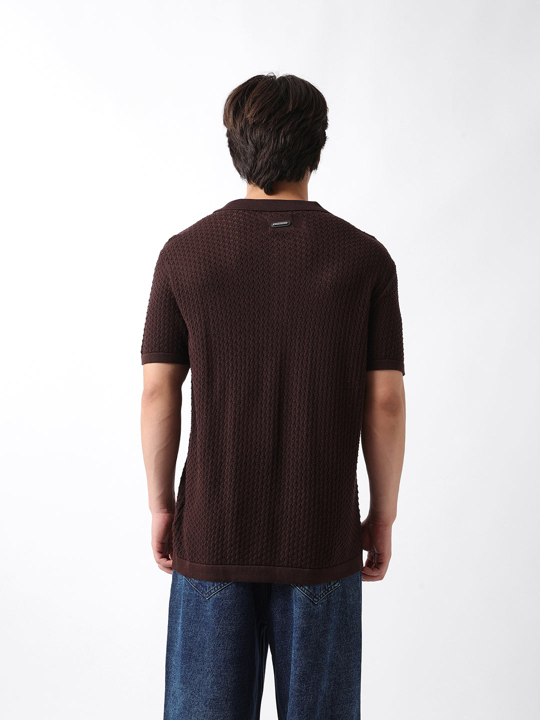 Shop Dark Brown Regular Fit Textured Knit Polo Online