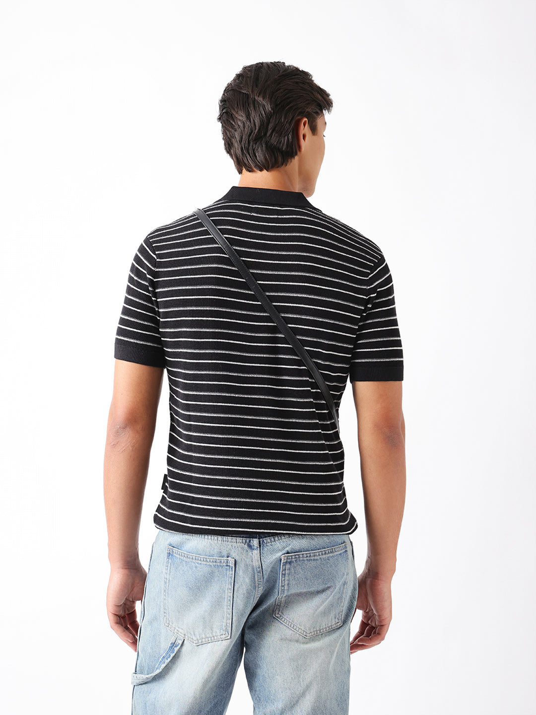 Shop Black Regular Fit Horizontal Textured Knit Stripe Polo with