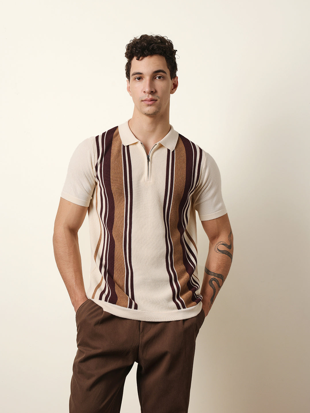 Shop Cream & Brown Vertical Striped Textured Knit Polo with Half