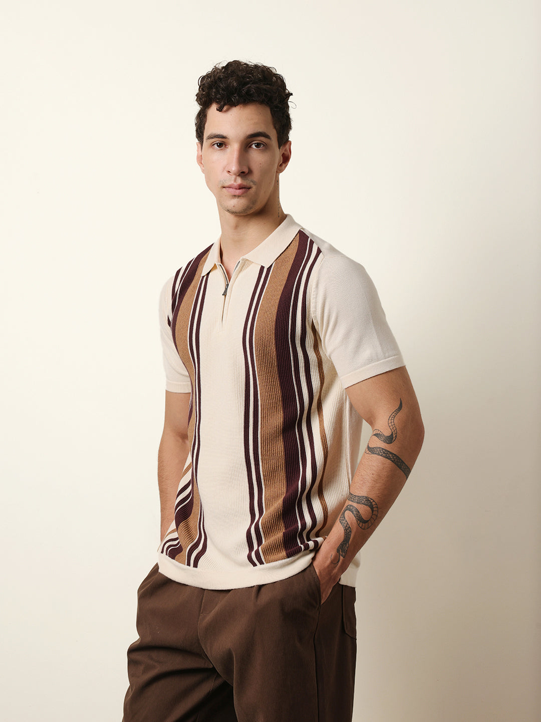 Shop Cream & Brown Vertical Striped Textured Knit Polo with Half