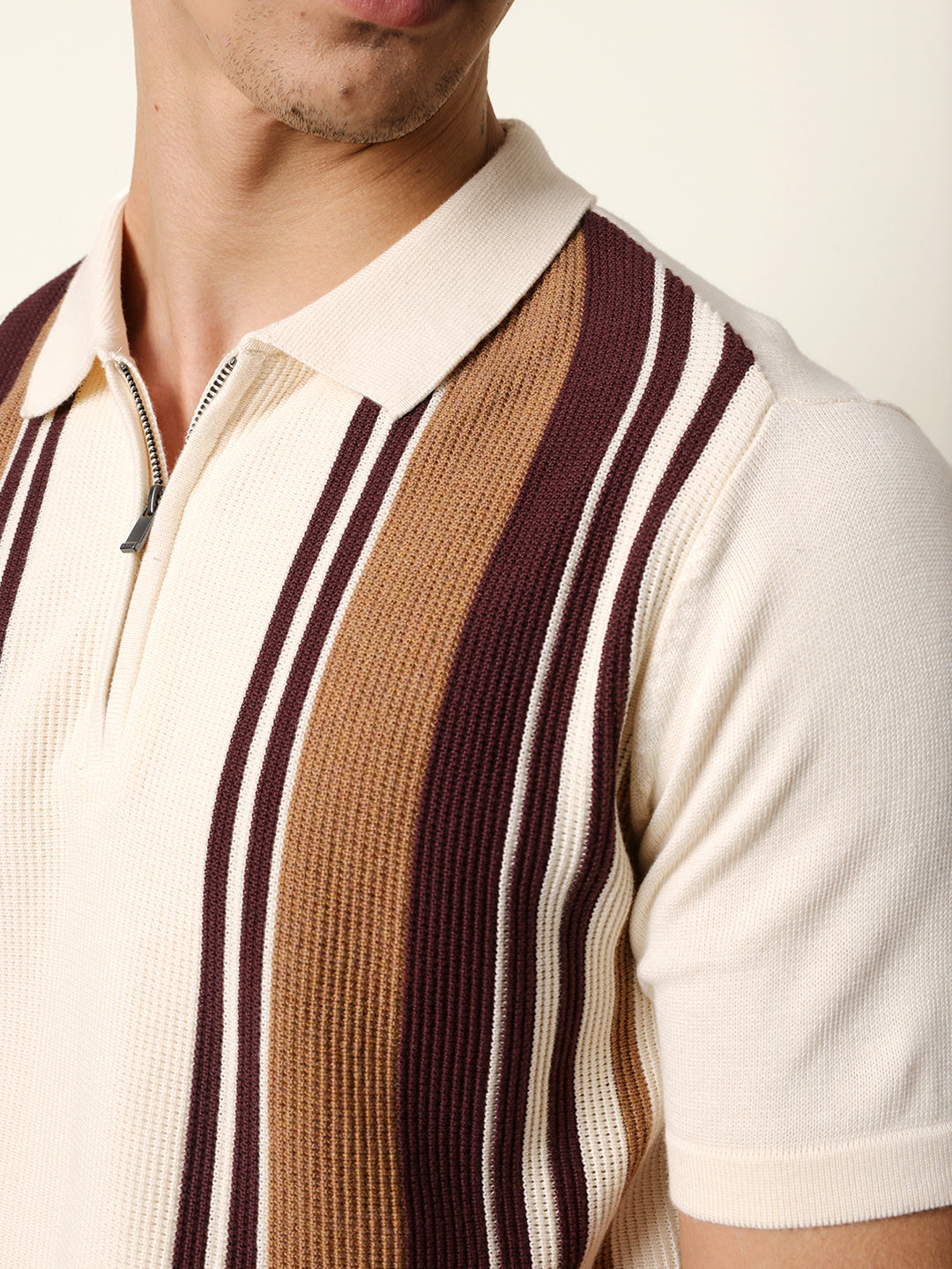 Shop Cream & Brown Vertical Striped Textured Knit Polo with Half