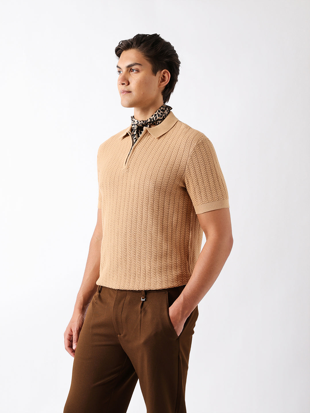 Shop Light Brown Regular Fit Textured Knit Polo with Half-Zip