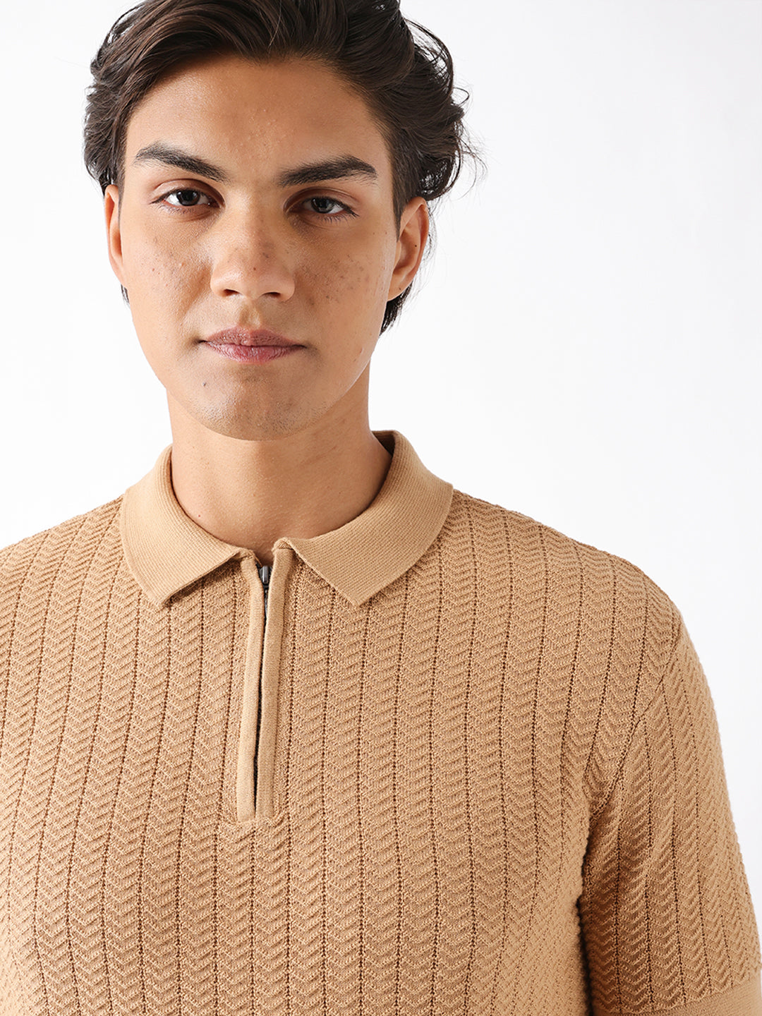 Shop Light Brown Regular Fit Textured Knit Polo with Half-Zip