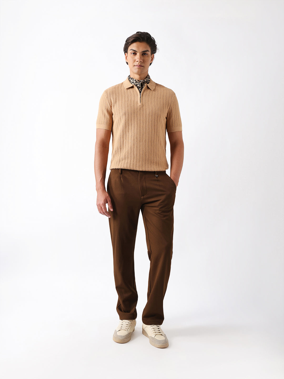 Shop Light Brown Regular Fit Textured Knit Polo with Half-Zip