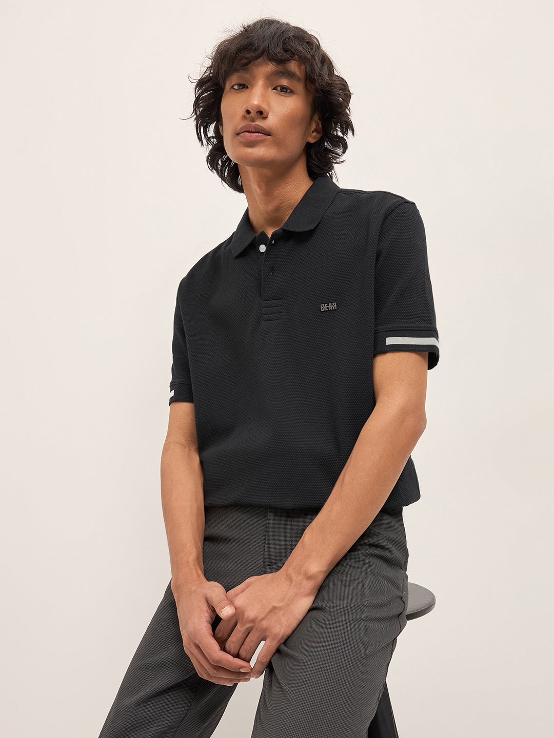 Black Slim Fit Polo with Textured Flat Knit Design by The Bear House