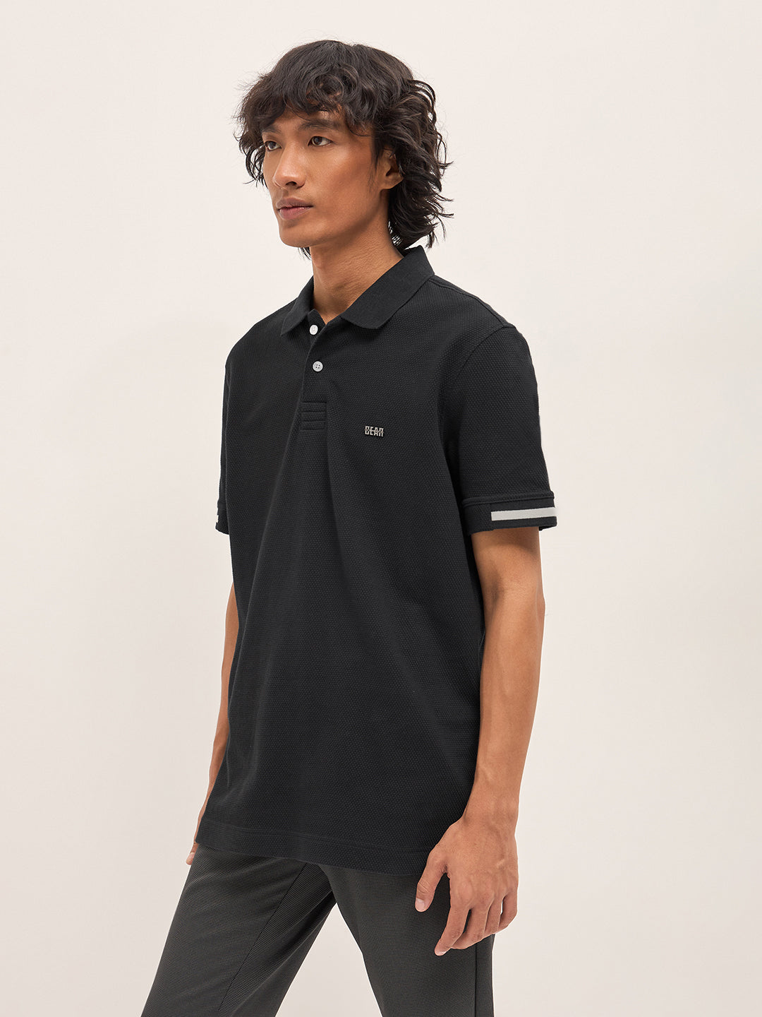 Black Slim Fit Polo with Textured Flat Knit Design by The Bear House