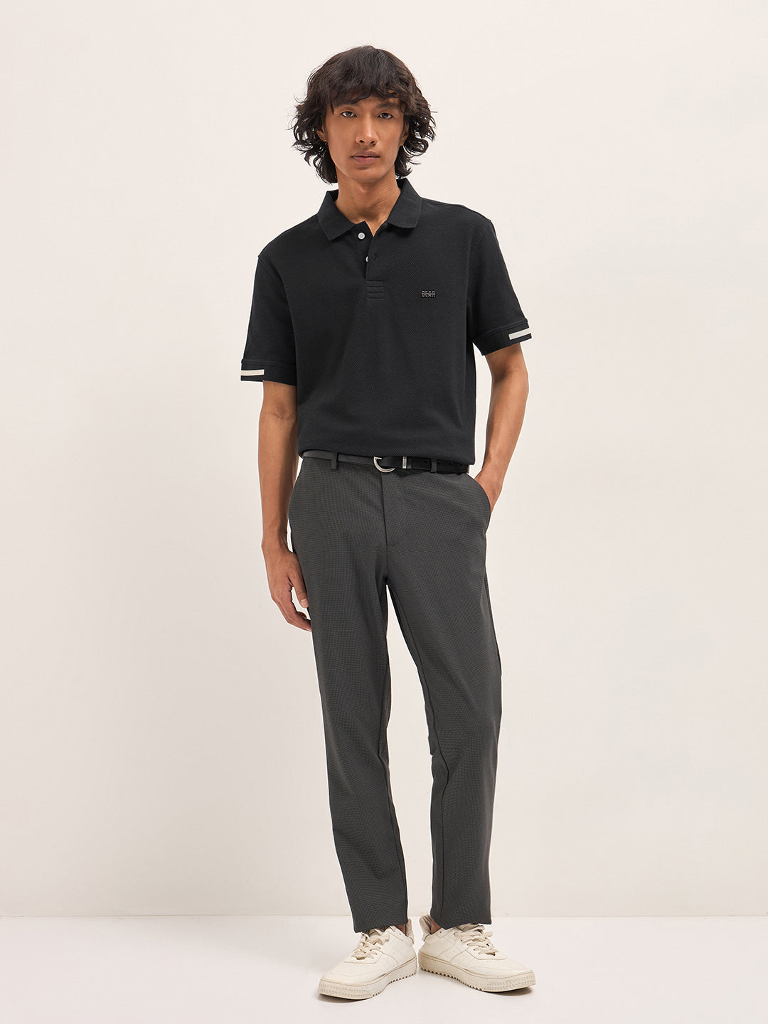 Black Slim Fit Polo with Textured Flat Knit Design by The Bear House