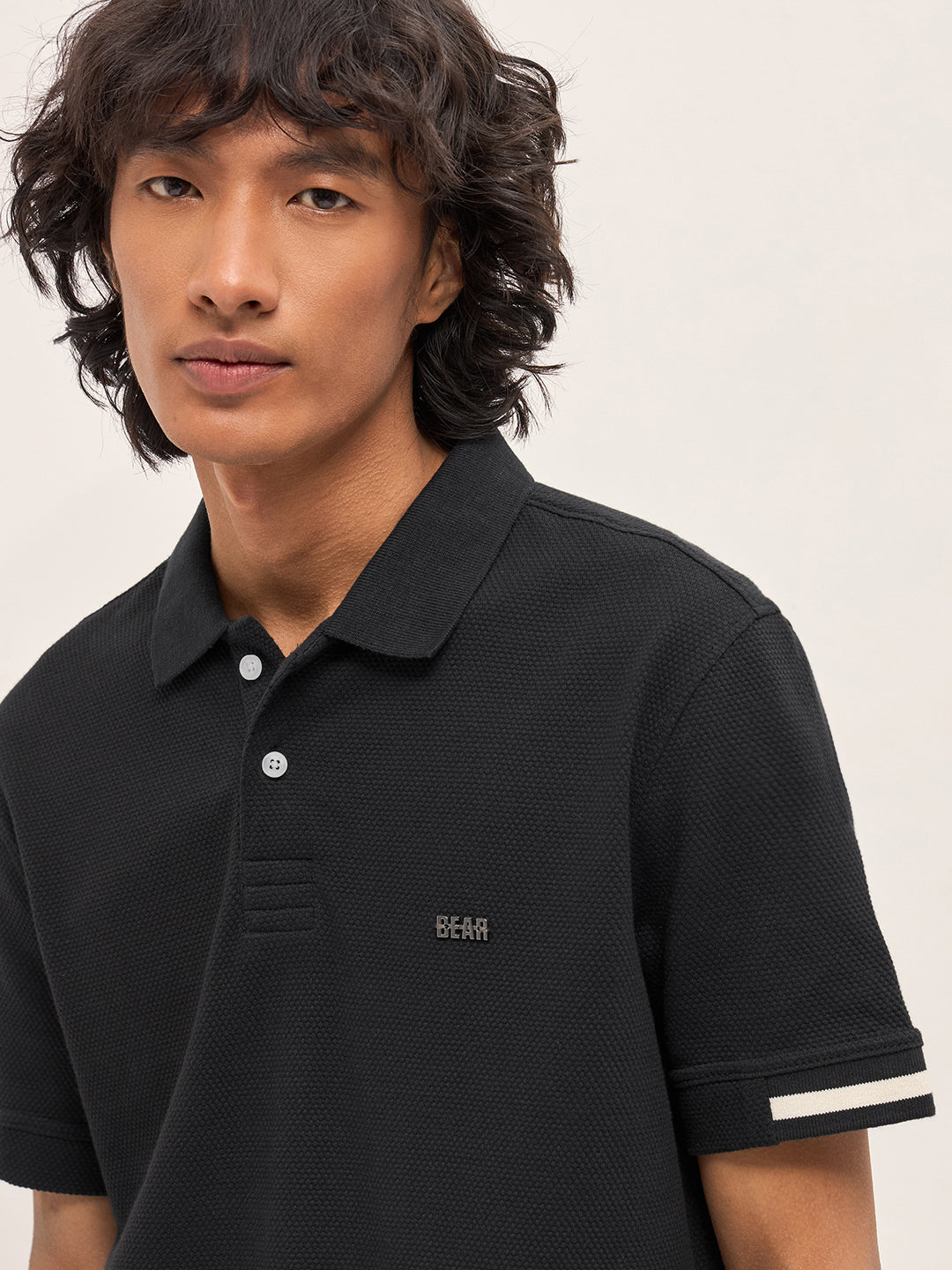Black Slim Fit Polo with Textured Flat Knit Design by The Bear House