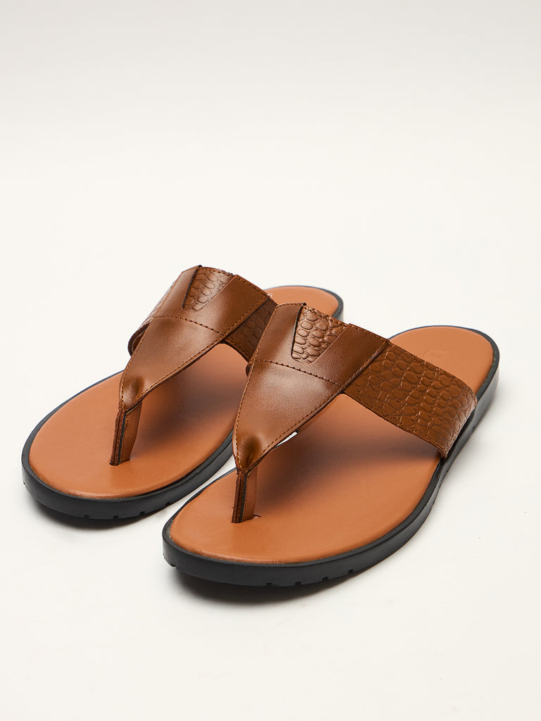 Shop Brown Synthetic Leather Croc-Embossed Thong Sandals Online