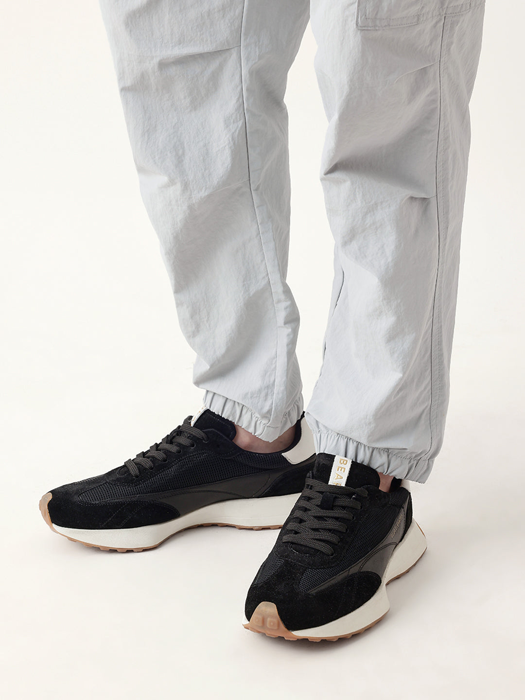 The Bear House BLACK SUEDE & MESH LACE-UP SNEAKERS WITH CONTRAST WHITE HEEL DETAIL