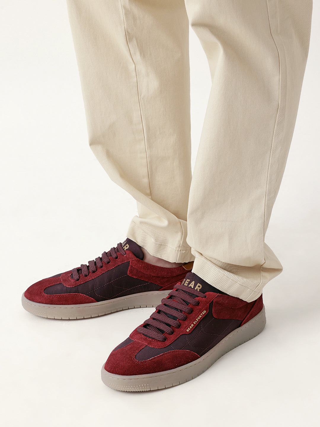 The Bear House MAROON SUEDE LACE-UP SNEAKERS WITH CONTRAST WHITE LEATHER DETAIL